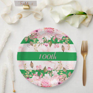 Verjaardagsviering Groen Roze Streep Bloemen Papieren Bordje