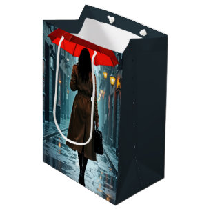 Verjaardagsvrouw met een rode paraplu  medium cadeauzakje