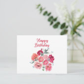 Verjaardagswensen Waterverf Rode & Roze Bloemen Briefkaart (Staand voorkant)