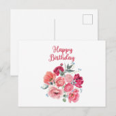 Verjaardagswensen Waterverf Rode & Roze Bloemen Briefkaart (Voorkant / Achterkant)