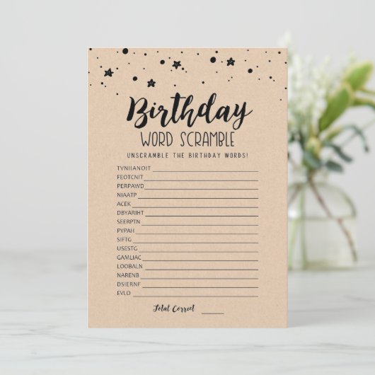 Verjaardagswoord scramble met antwoorden spel Kaar Kaart (Staand voorkant)