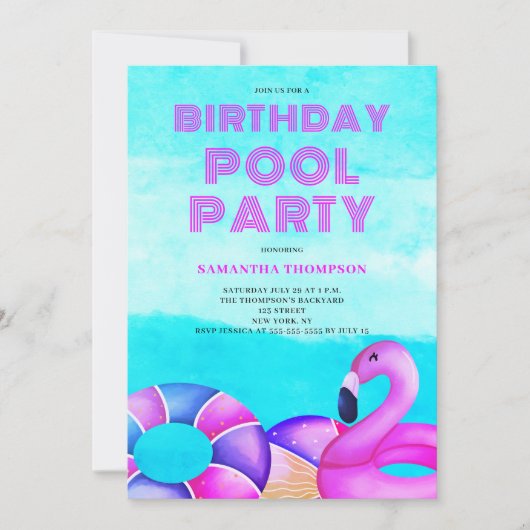 Verjaardagszwembadfeest Pink Uitnodiging (Voorkant)