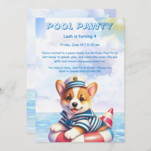 Verjaardagszwembadfeest Uitnodiging Puppy Splash (Voorkant / Achterkant)