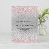 Verjaardfeest zilveren glitter druppelt metaal roz kaart (Staand voorkant)