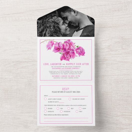 Verlaat Bruiloft feest roze bougainvillea All In One Uitnodiging (Binnen)