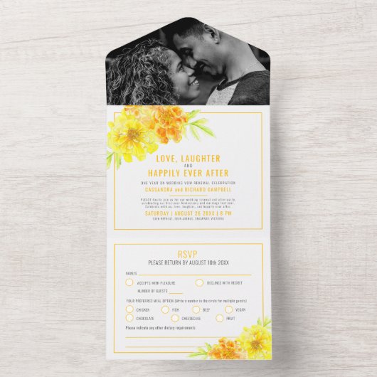 Verlate bruiloft gele goudsbloem waterverf all in one uitnodiging (Binnen)