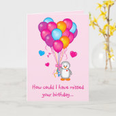 Verlate verjaardag met zoete pinguïn en ballonnen kaart (Gele Bloem)