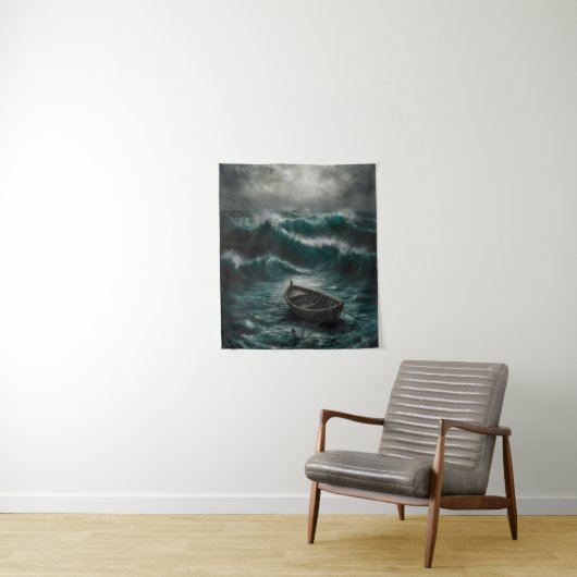 Verlaten boot in Stormy Waters Ocean Art Wandkleed (In situ)