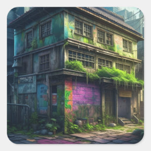Verlaten Paarse graffiti gebouw stedelijk verval Vierkante Sticker