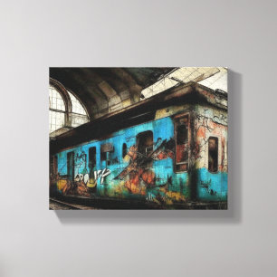 Verlaten trein met graffiti straatkunst canvas afdruk