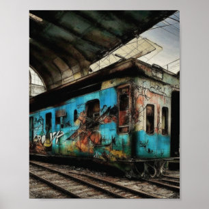 Verlaten trein met graffiti straatkunst poster