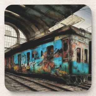 Verlaten trein met graffiti urbane straat kunst bier onderzetter