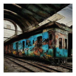 Verlaten trein met graffiti urbane straat kunst perfect poster
