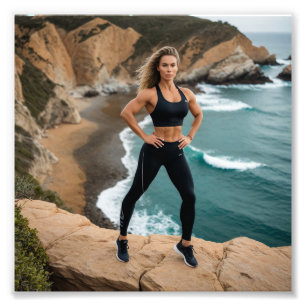 Verleidelijke Fitness Girl Posing in Lycra op Clif Foto Afdruk