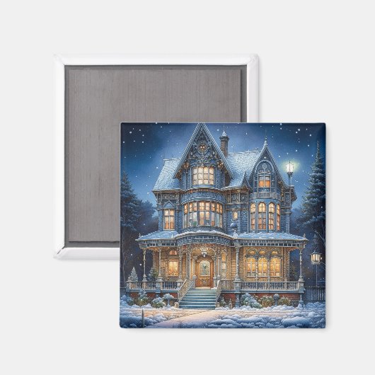 Verlicht huis op een kerstavond magneet (Voorkant / Achterkant)
