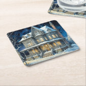  verlicht kersthuis vierkante kartonnen onderzetter (Schuin)