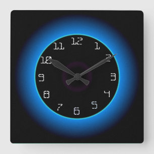 Verlichte blauwe/aquablauwe wandklok op zwart> vierkante klok