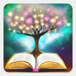 Verlichte Boom & Open Boek Vierkante Sticker