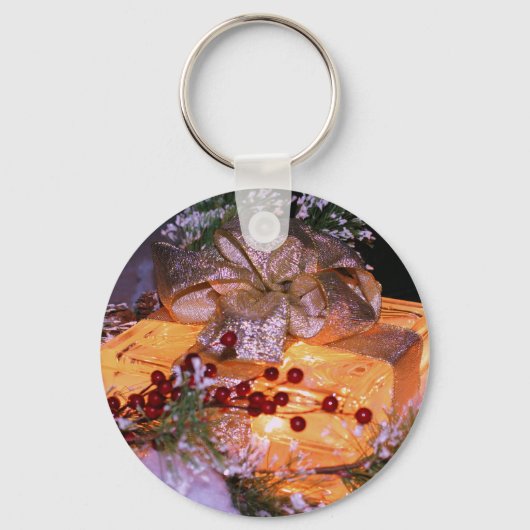 Verlichte Gift Gold Bow Christmas Holiday Sleutelh Sleutelhanger (Voorkant)