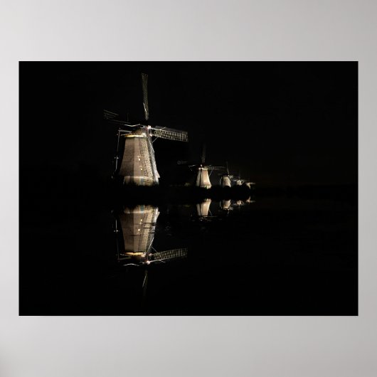 Verlichte windmolens, Kinderdijk 's nachts poster (Voorkant)
