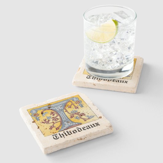 Verlichtingsbrief T (middeleeuwen blauw en rood) Stenen Onderzetter (Zijkant)