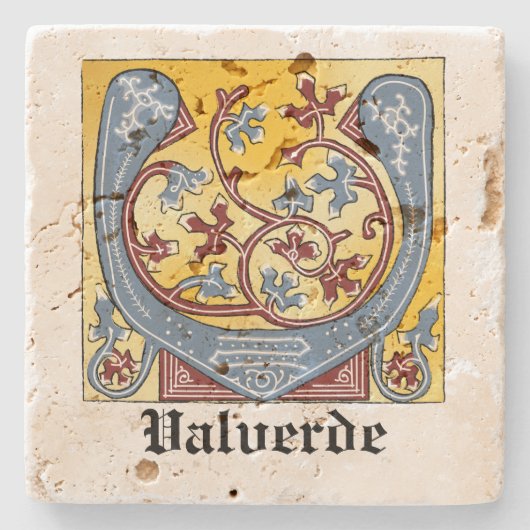 Verlichtingsbrief van middeleeuwen blauw en rood i stenen onderzetter (Voorkant)