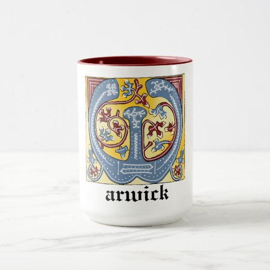 Verlichtingsbrief van middeleeuws blauw en rood ij mok (Midden)