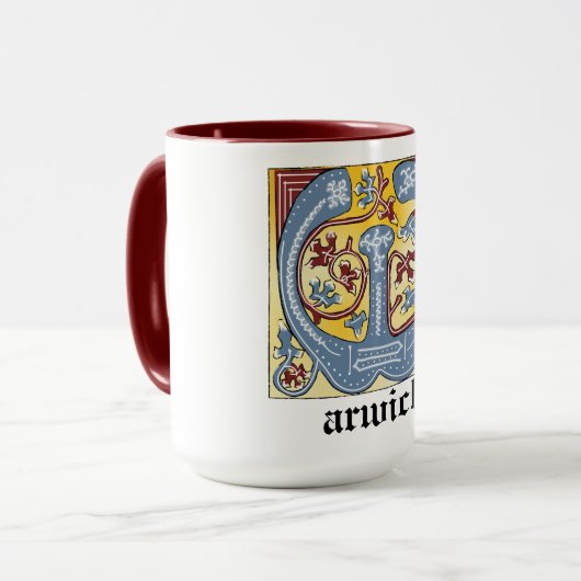 Verlichtingsbrief van middeleeuws blauw en rood ij mok (Voorkant links)