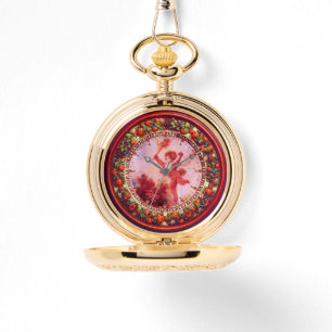 VERLIES DE JESTER, KUPID IN RODE PINKFLORAAL KROGE HORLOGE