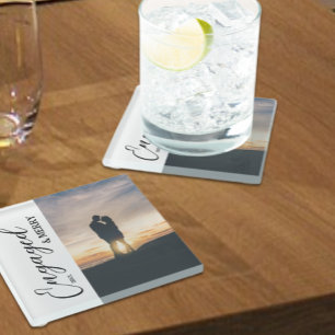 Verloofd & vrolijk paar foto glazen onderzetter