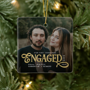 Verloofde koppels 2 foto's Goud eerste kerst Keramisch Ornament