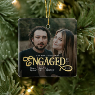 Verloofde koppels 2 foto's Goud eerste kerst Keramisch Ornament
