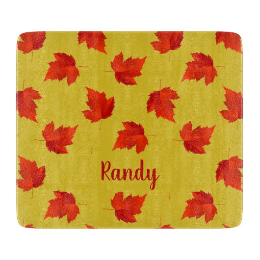 Verlooprode bladeren aangepaste naam geel snijplank (Voorkant)