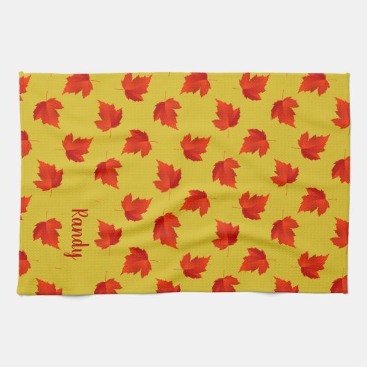 Verlooprode bladeren aangepaste naam geel theedoek (Horizontaal)