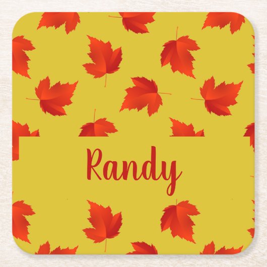 Verlooprode bladeren aangepaste naam geel vierkante kartonnen onderzetter (Voorkant)
