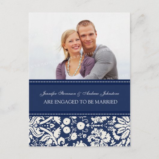Verloving Aankondiging Foto Briefkaart Blue Damask (Voorkant)