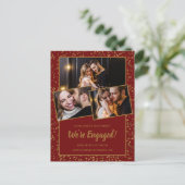Verloving Aankondiging Red Gold 3 Foto Briefkaart (Staand voorkant)