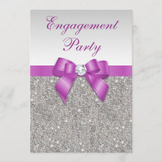 Verloving Faux Silver Sequins Radiant Orchid Bow Kaart