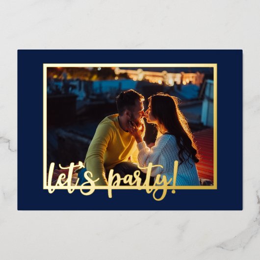 Verloving Laten we partijscript 4 Foto Blue Gold Folie Uitnodiging (Voorkant)