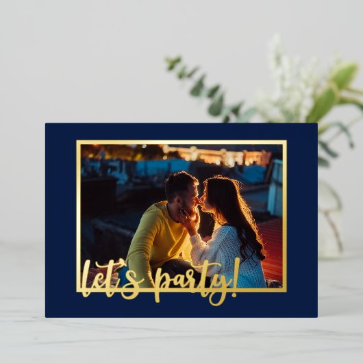 Verloving Laten we partijscript 4 Foto Blue Gold Folie Uitnodiging (Staand Voorkant)