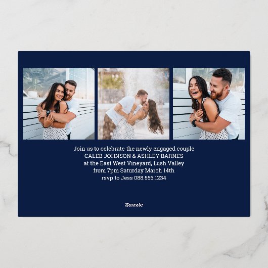 Verloving Laten we partijscript 4 Foto Blue Gold Folie Uitnodiging (Achterkant)