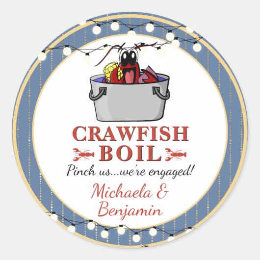 Verloving van Crawfish Seafood Boil Blue Gold Part Ronde Sticker (Voorkant)