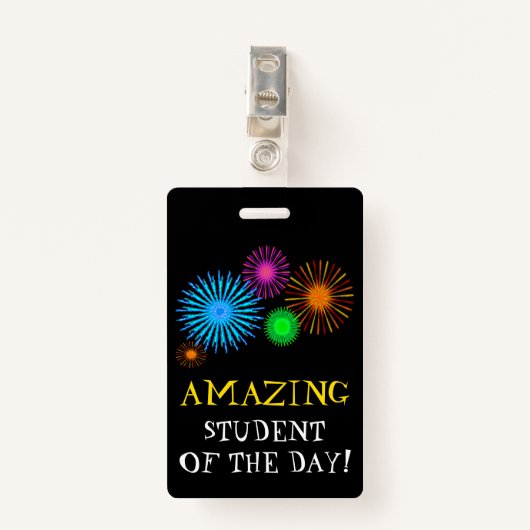 "VERMAKKELIJK STUDENT VAN DE DAG!" + Fireworks-bad Badge (Voorkant met clip)