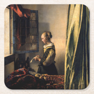 Vermeer - Meisje leest een brief in een open venst Vierkante Kartonnen Onderzetter