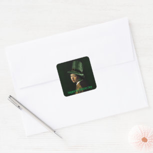 Vermeer Parel Oorbel Klaver St. Patrick's Dag Vierkante Sticker