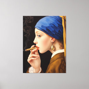 Vermeers Meisje met de parel rookt een sigaret Canvas Afdruk