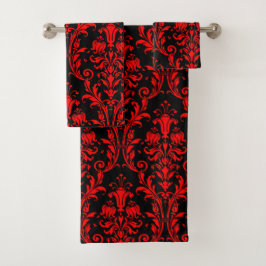 Vermiljoen Red Floral Damask op Black Bad Handdoek