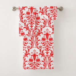 Vermiljoen Red Floral Damask op White Bad Handdoek