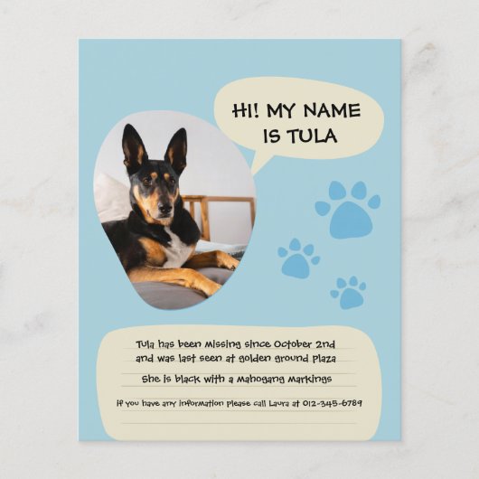 Vermiste hond Modern Blue Foto Poster Flyer (Voorkant)