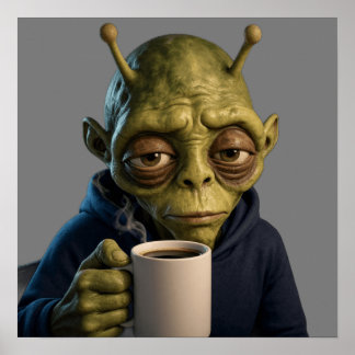 Vermoeide Alien Ochtendkoffie Sci-Fi Kunstposter Poster
